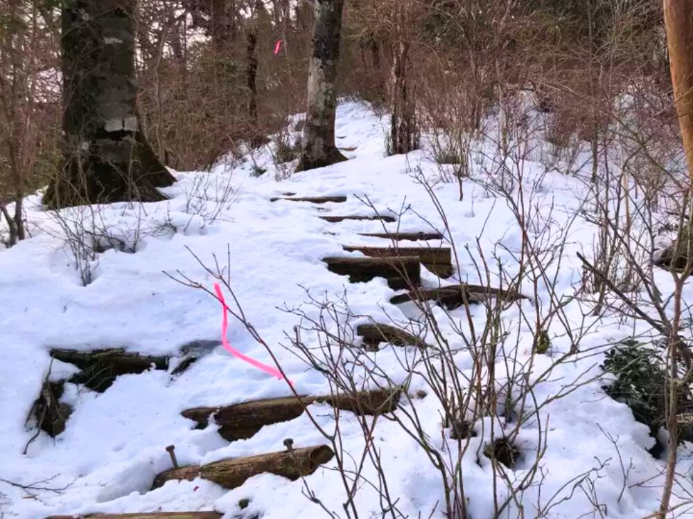 雪の登山道　上りが急