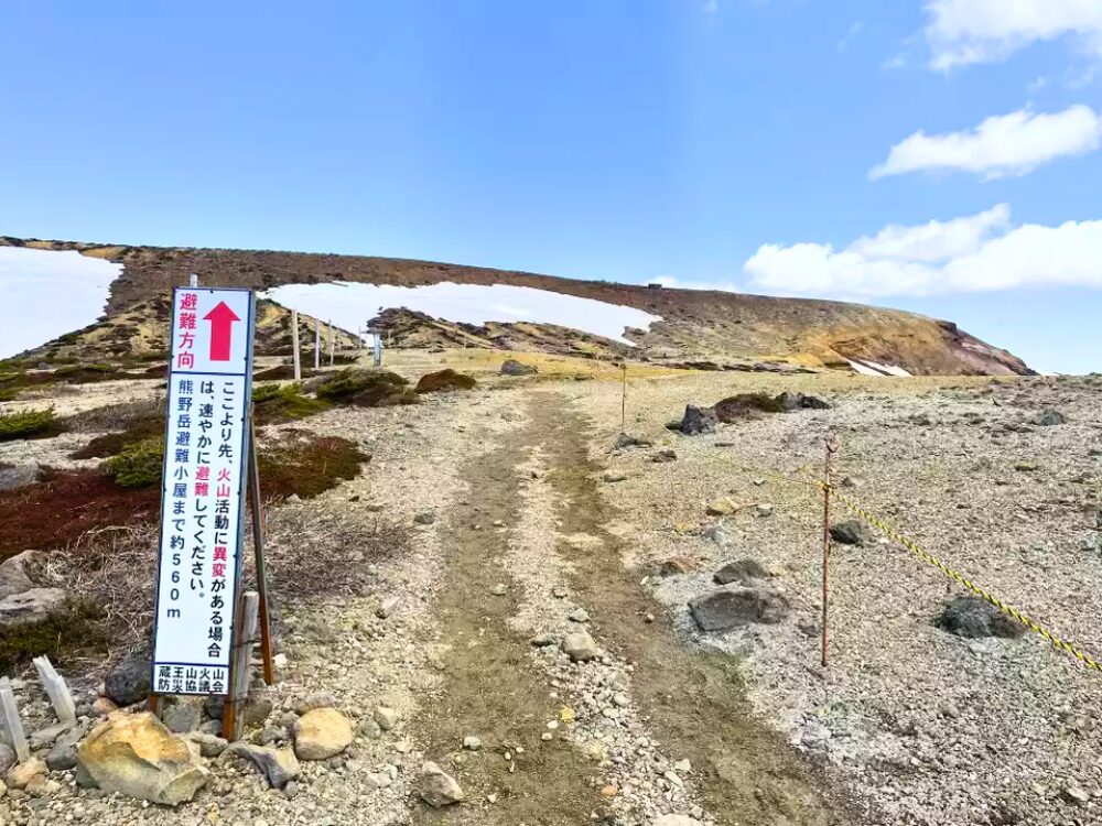 登山道と火山注意看板