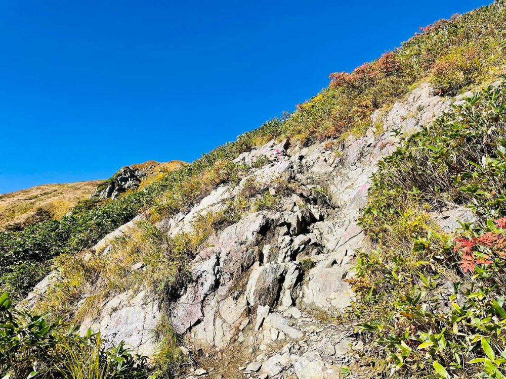 越後駒ヶ岳の急な岩場