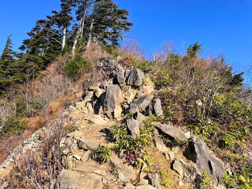 高妻山の険しい登山道