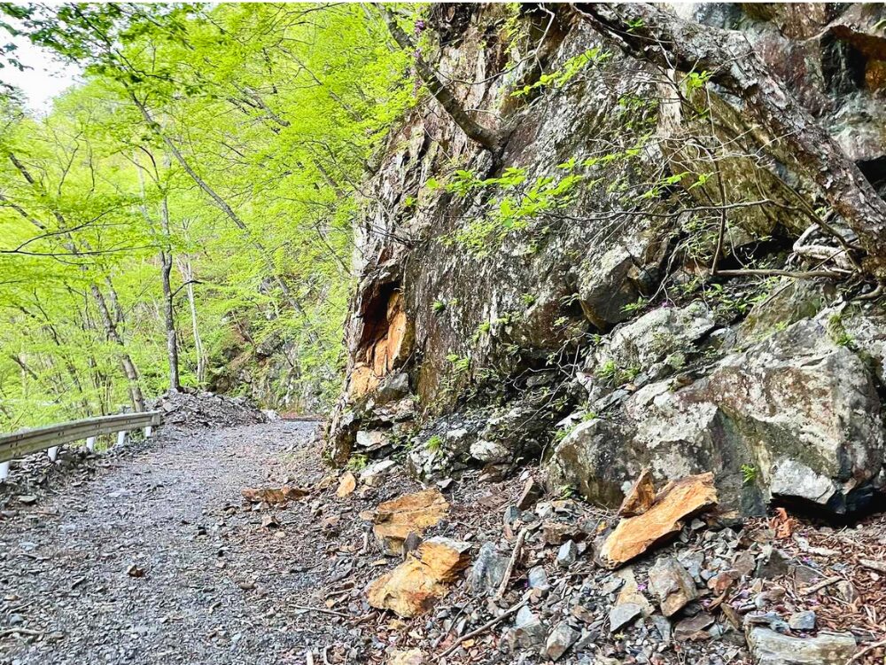 岩肌が崩れた登山道