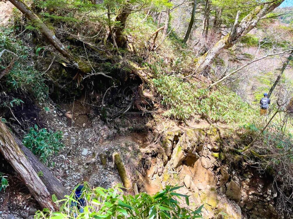 崩壊している登山道